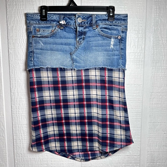 Denim and Plaid Women Skirt up cycle handmade raw hem distressed - Picture 1 of 6